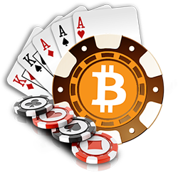 The bitcoin symbol with cards and chips.